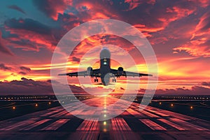 plane taking off from a runway at sunset. The sky is a beautiful shade of orange and pink, and there are clouds in the