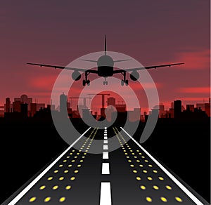 The plane is taking off at sunset and night city