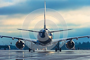 The plane taxis on the apron at the airport after landing, rear view