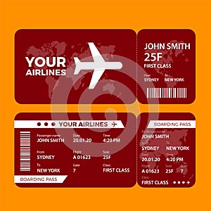 Modern airline ticket design with flight time and passenger name. vector illustration photo