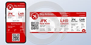 Plane ticket. Mobile boarding pass on the smartphone screen. Online, electronic and paper airline ticket.