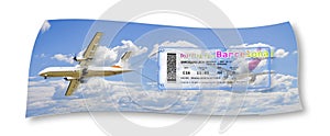 Plane towing a airplane ticket - Fly to Barcelona concept image