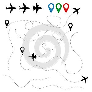 Plane traces and routes isolated on white background. Pathways flight aeroplanes. Aircraft location tracking in air travels.