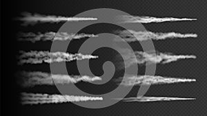 Plane track. Rocket, airplane steam trail isolated on transparent background. Realistic white smoke vector effect