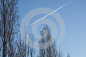 Plane trail in the clear blue sky, trees without leaves, winter season