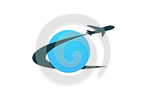 Plane travel icon. Air travel around the world. Flying around the world. Travel agency logo. Vector illustration