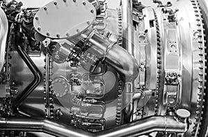plane turbine engine mechanism closeup. working section