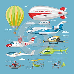 Plane vector aircraft or airplane and jet flight transportation and helicopter in sky illustration aviation set of