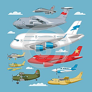 Plane vector aircraft or airplane and jet flight transportation in sky illustration aviation set of aeroplane or