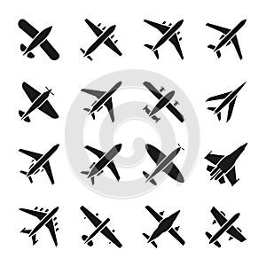 Plane vector icons. Fly and jet symbols. Airplane aviation silhouette signs isolated on white background