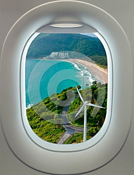 Plane window Aerial view of a Beach Phuket Thailand