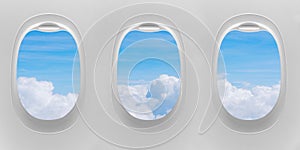 Plane windows, airplane portholes, air travel, aircraft cabin interior illuminators with white plastic frames and open blinds photo