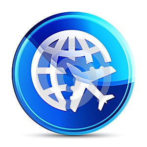 Plane world icon glassy vibrant sky blue round button illustration