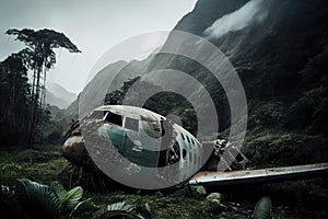 plane wreck in jungle, with view of the mist-covered mountain range in the distance