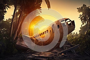 plane wreck in jungle, with view of the sun setting behind the trees