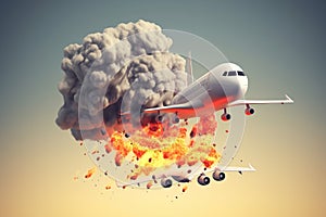 Planecrash - conceptual illustration of a plane breaking up in the air. Generative AI