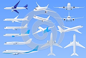 Planes on a blue background in different angles.