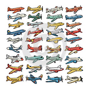 Planes in cartoon style. Big bundle of linear aircraft in color by lineart design. Modern and old aviation, civil and