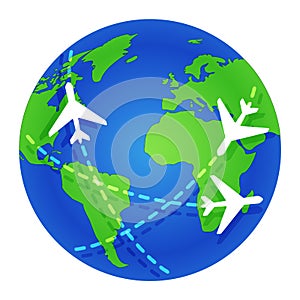 Planes fly around the globe. Journey. Planet Earth. World map. Flat color vector