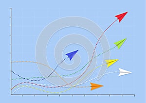 Planes on graph with red plane on top performance,  business competition leadership ambitious successful goal achievement concept