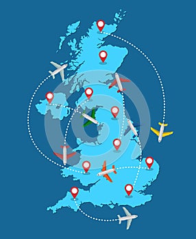 Planes routes flying over United Kingdom map, tourism and travel concept