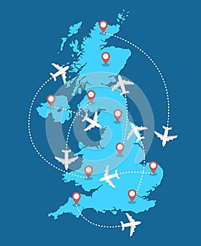 Planes routes flying over United Kingdom map, tourism and travel concept