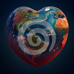 Planet in 3d shape of heart - symbol protection environment for Earth Day. Concept to save green world. Generative AI