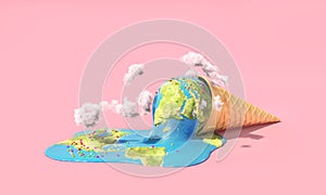 Planet as melting ice cream under hot sun on a pink background