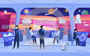 Planet colonization mission, people in space station, science fiction cartoon characters, vector illustration