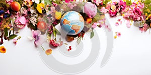 Planet earth adorned with flowers on white background, concept of Natural beauty, created with Generative AI technology