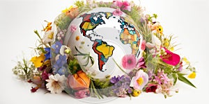 Planet earth adorned with flowers on white background, concept of Natural beauty, created with Generative AI technology