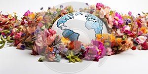Planet earth adorned with flowers on white background, concept of Natural beauty, created with Generative AI technology