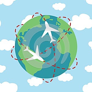 planet Earth airplane route path globe on the blue sky with clouds travel map illustration vector