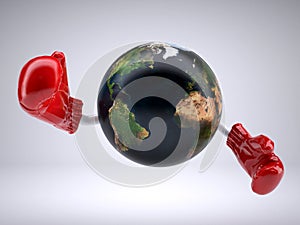 Planet earth with arms and boxing gloves