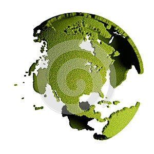 Planet Earth as green planet - grass on the continents, oceans transparent - USA and Canada in the center - green new deal concept