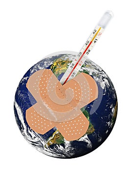 Planet Earth with bandaid and thermometer.