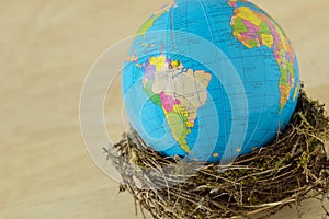 Planet earth in a bird nest on white background - Concept of environmental conservation and planet protection