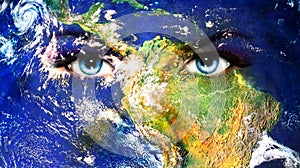 Planet Earth and blue human eye with violet and pink day makeup. woman eye painting