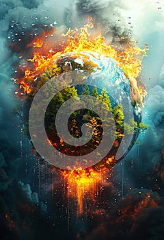The planet earth is burning. An illustration of the Earth globe with flames and trees growing on it