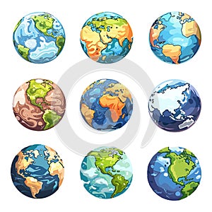 Planet Earth cartoon icons set, globe isolated planets spheres ecology global map geography continents science world photo