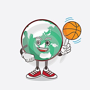 Planet Earth cartoon mascot character with a basketball