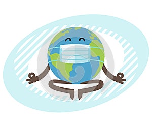 Planet Earth character with medical mask meditating. Gobe relax in lotus yoga pose