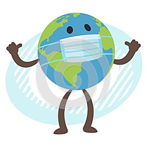 Planet Earth character in the medical mask pointing at himself. Two thumbs up