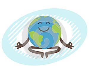 Planet Earth character meditating.  globe relax in lotus yoga pose