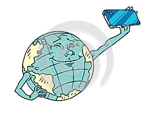 planet earth character with phone, global connection, internet