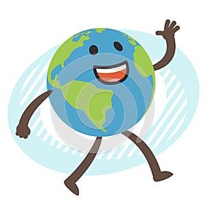 Planet Earth character walking and waving in greeting