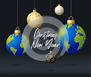 Planet earth Christmas sale banner or greeting card. Merry Christmas and happy new year sport banner with glassmorphism or glass-