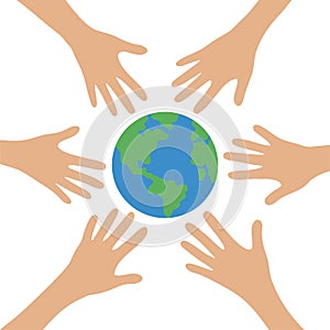 Planet Earth. Circle from different hands. Earth Day concept. Protection, help. Flat vector illustration