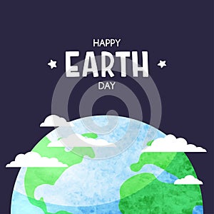 Planet Earth with clouds in the dark sky. Happy Earth day background. Vector template eps 10