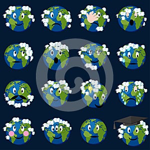 Planet earth with clouds emoticons set.